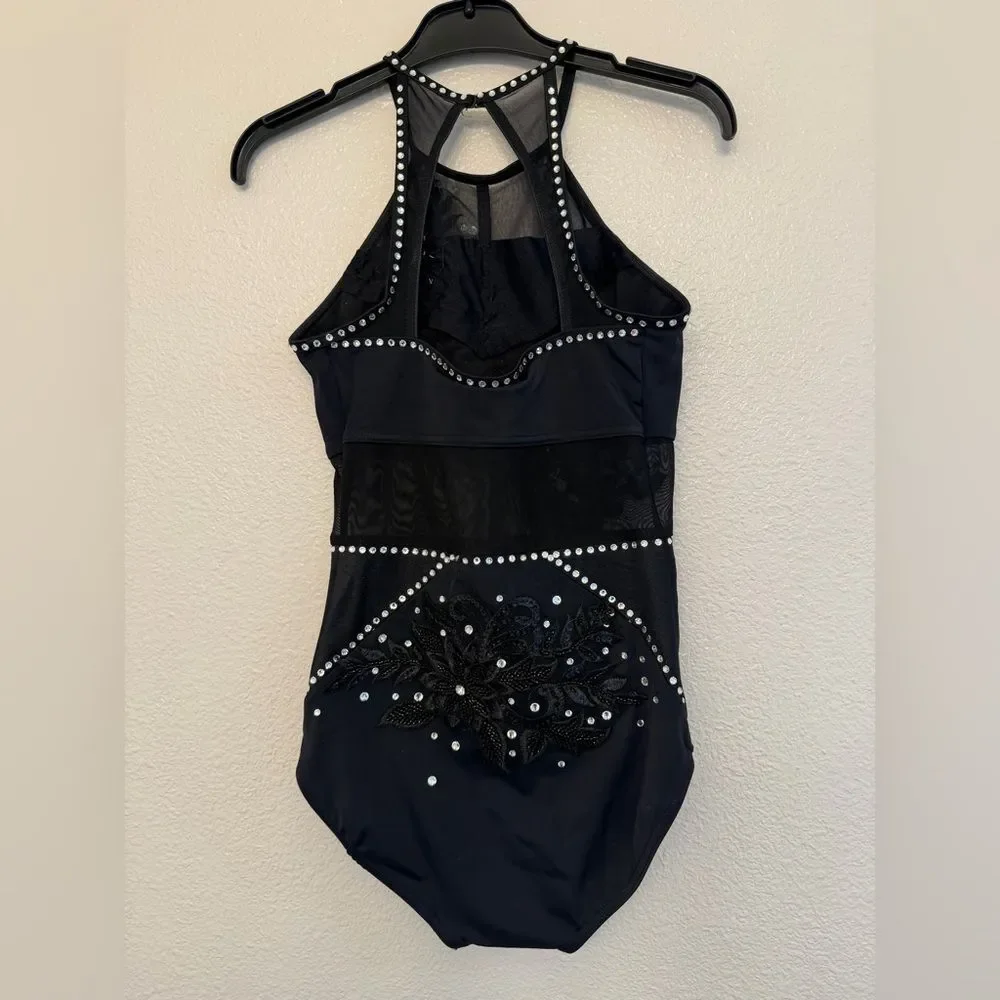 WEISSMAN custom solo Ivy Sky Dance Costume black Crystal Leotard MT10430 XSA